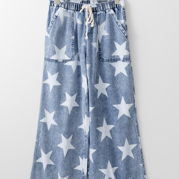 B274 Light Blue Star Print Light Wash Drawstring High Waist Wide Leg Jeans - Picture 6 of 12
